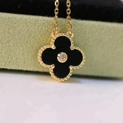 [BLAUE TRÄNEN]CLOVER 15MM DIAMANT-ONYX-HALSKETTE