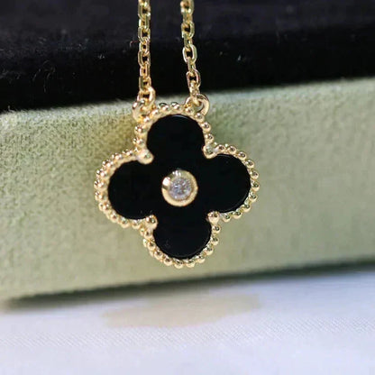 [BLAUE TRÄNEN]CLOVER 15MM DIAMANT-ONYX-HALSKETTE