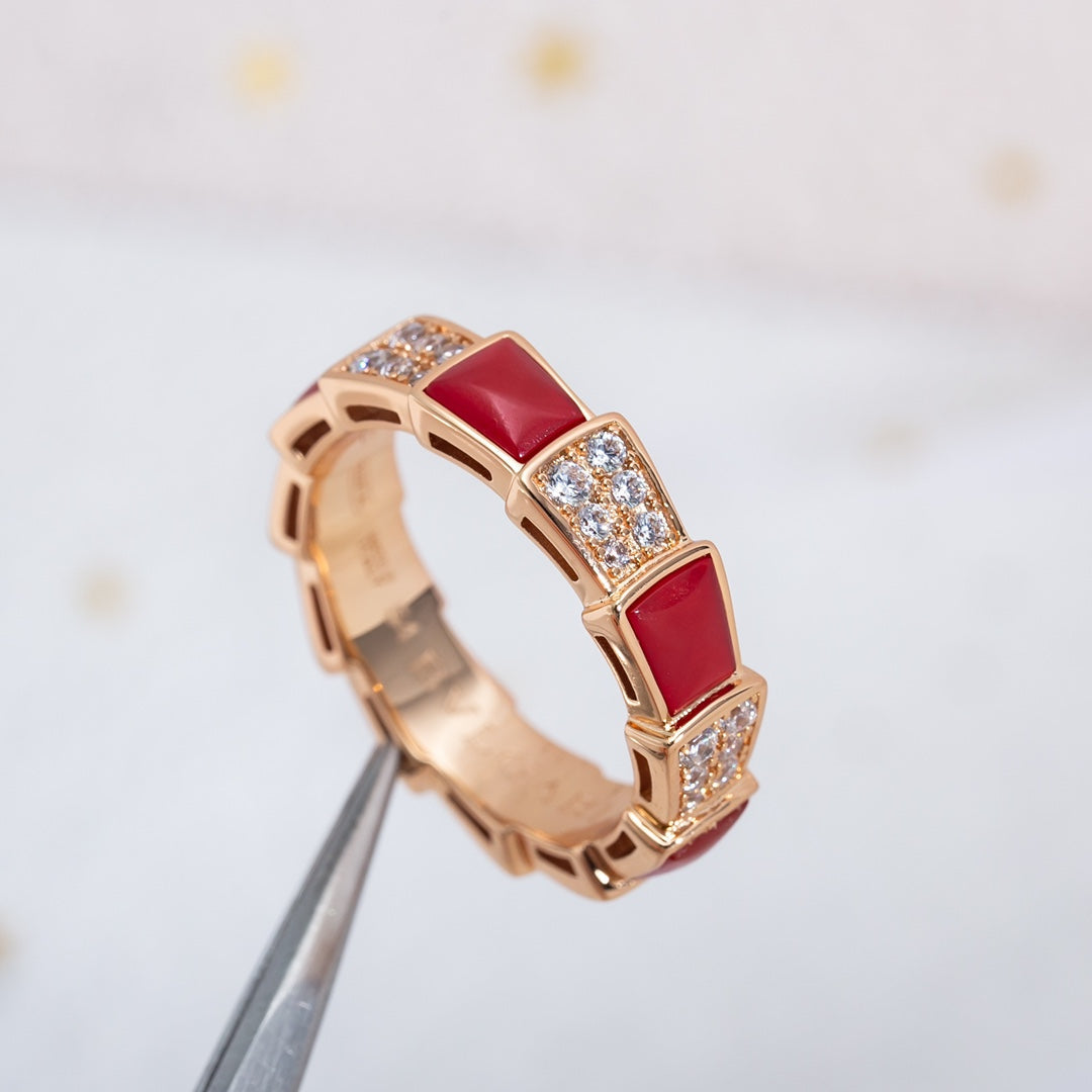 [BLAUE TRÄNEN]SERPENTI RING ROTGOLD KARNEOL DIAMANT GEPAVIERT 4MM