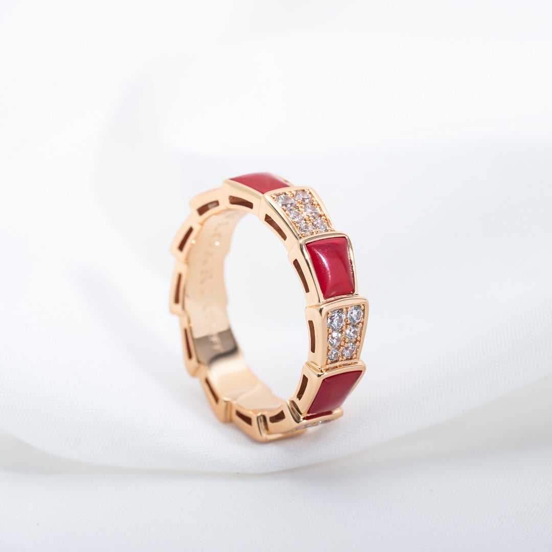 [BLAUE TRÄNEN]SERPENTI RING ROTGOLD KARNEOL DIAMANT GEPAVIERT 4MM
