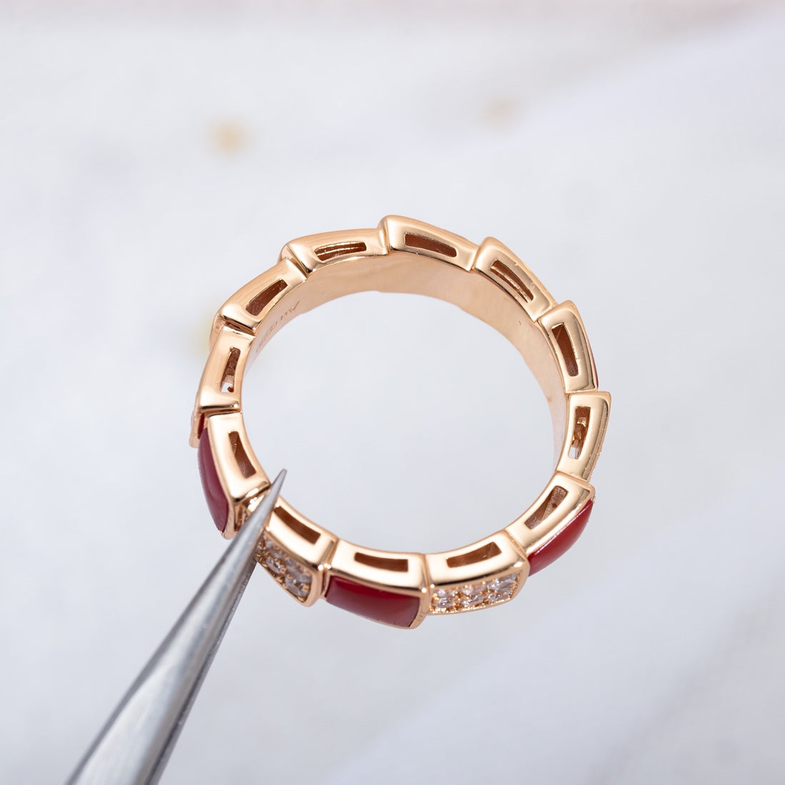[BLAUE TRÄNEN]SERPENTI RING ROTGOLD KARNEOL DIAMANT GEPAVIERT 4MM