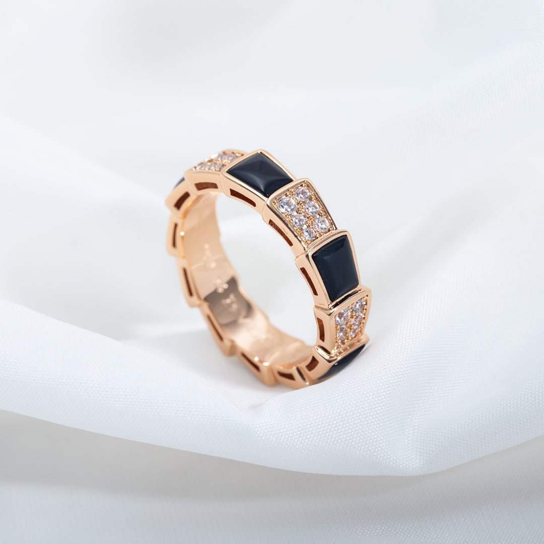 [BLAUE TRÄNEN]SERPENTI RING ROTGOLD SCHWARZER MOP DIAMANT GEPAVIERT 4MM