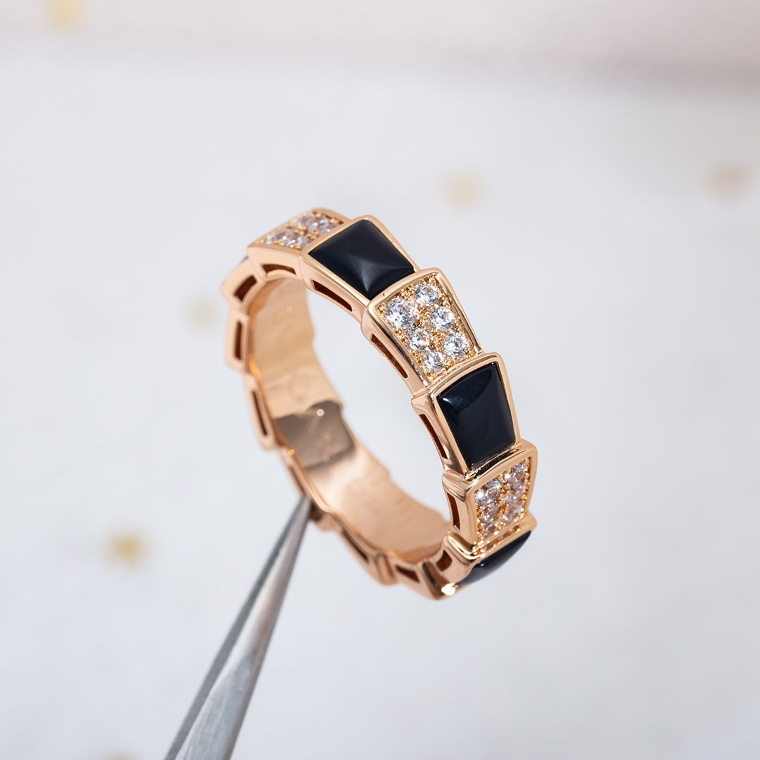 [BLAUE TRÄNEN]SERPENTI RING ROTGOLD SCHWARZER MOP DIAMANT GEPAVIERT 4MM