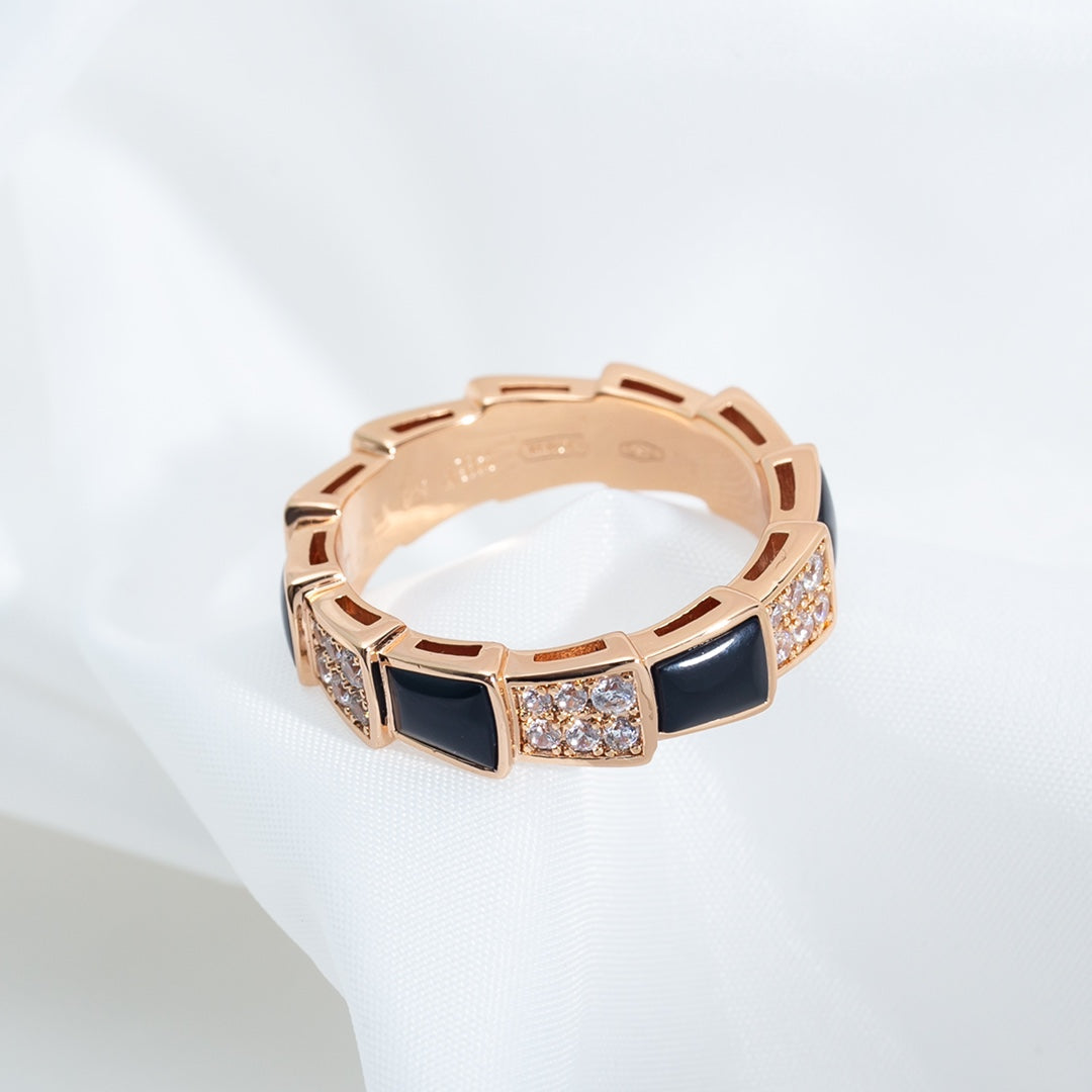 [BLAUE TRÄNEN]SERPENTI RING ROTGOLD SCHWARZER MOP DIAMANT GEPAVIERT 4MM