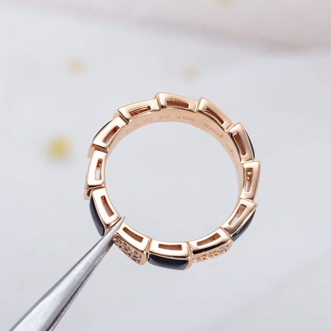 [BLAUE TRÄNEN]SERPENTI RING ROTGOLD SCHWARZER MOP DIAMANT GEPAVIERT 4MM