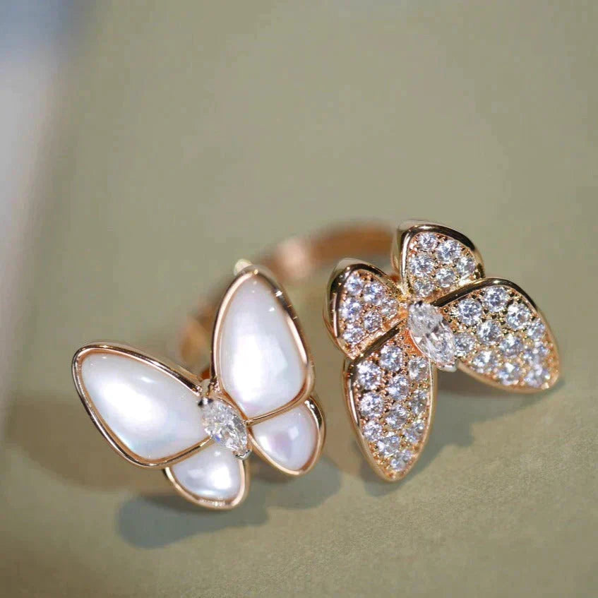 [BLAUE TRÄNEN]ZWILLINGS-DIAMANT-MOP-RING MIT SCHMETTERLING