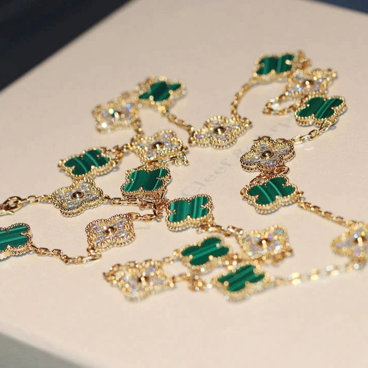 [BLAUE TRÄNEN]CLOVER 20 MOTIFS MALACHIT DIAMANT HALSKETTE