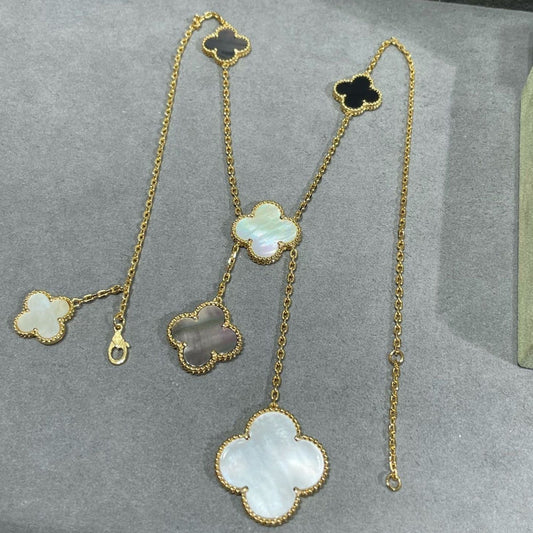 [BLAUE TRÄNEN] KLEEBLATT 6 MOTIV MOP ONYX GOLD HALSKETTE 