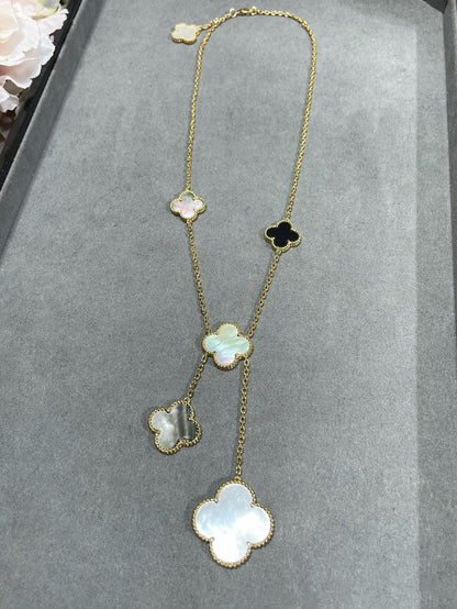 [BLAUE TRÄNEN] KLEEBLATT 6 MOTIV MOP ONYX GOLD HALSKETTE 