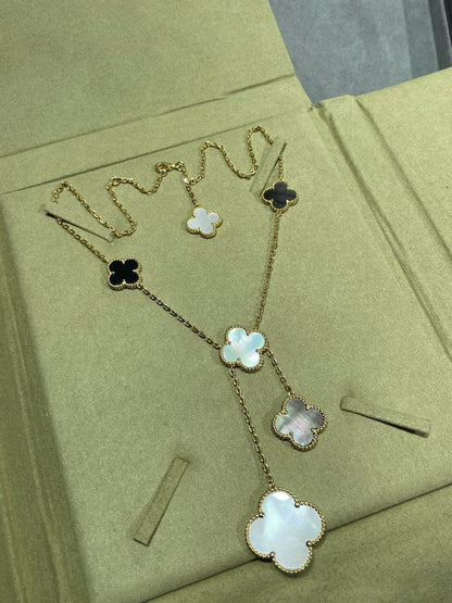 [BLAUE TRÄNEN] KLEEBLATT 6 MOTIV MOP ONYX GOLD HALSKETTE 