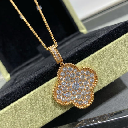 [Blaue Tränen] Kleeblatt 25 mm großer Anhänger mit Diamanten besetzt lange Halskette