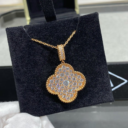 [Blaue Tränen] Kleeblatt 25 mm großer Anhänger mit Diamanten besetzt lange Halskette