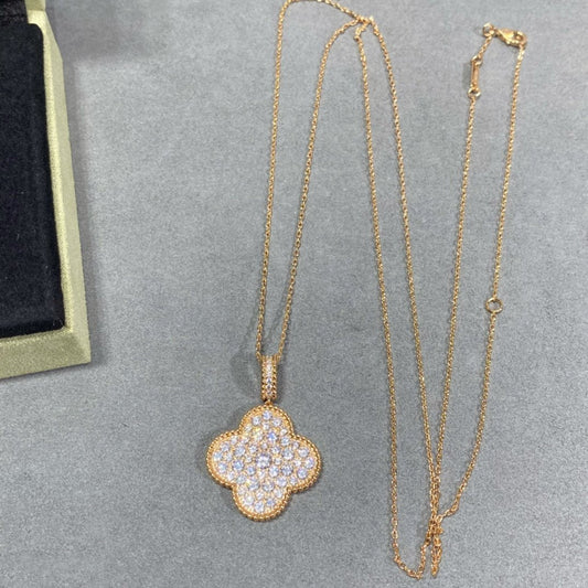 [Blaue Tränen] Kleeblatt 25 mm großer Anhänger mit Diamanten besetzt lange Halskette