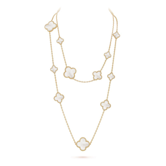 [BLAUE TRÄNEN] HALSKETTE MIT KLEEBLATT UND 16 MOTIV IN WEISSEM MOP GOLD