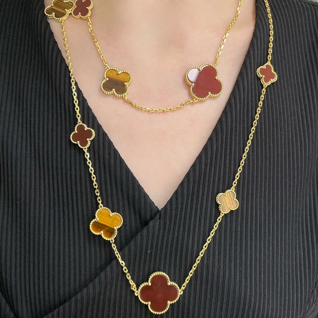 [BLAUE TRÄNEN] HALSKETTE MIT KLEEBLATT UND 16 MOTIV, KARNEOL UND TIGERAUGE, ROSÉGOLD