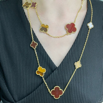 [BLAUE TRÄNEN] HALSKETTE MIT KLEEBLATT UND 16 MOTIV, KARNEOL UND TIGERAUGE, ROSÉGOLD