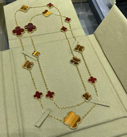 [BLAUE TRÄNEN] HALSKETTE MIT KLEEBLATT UND 16 MOTIV, KARNEOL UND TIGERAUGE, ROSÉGOLD