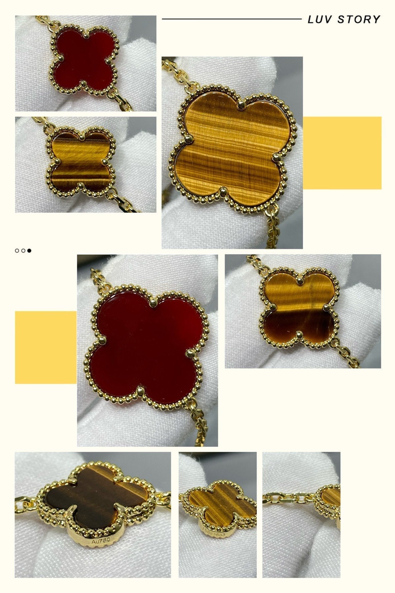 [BLAUE TRÄNEN] HALSKETTE MIT KLEEBLATT UND 16 MOTIV, KARNEOL UND TIGERAUGE, ROSÉGOLD