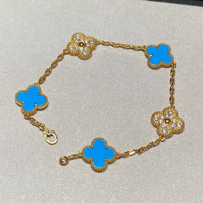 [BLUE TEARS]クローバー5モチーフ ブルーカルセドニー ダイヤモンド ゴールドブレスレット