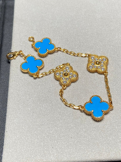 [BLUE TEARS]クローバー5モチーフ ブルーカルセドニー ダイヤモンド ゴールドブレスレット