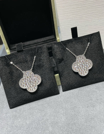 [Blaue Tränen]Clover 25mm großer Anhänger mit Diamanten besetzte Silberkette
