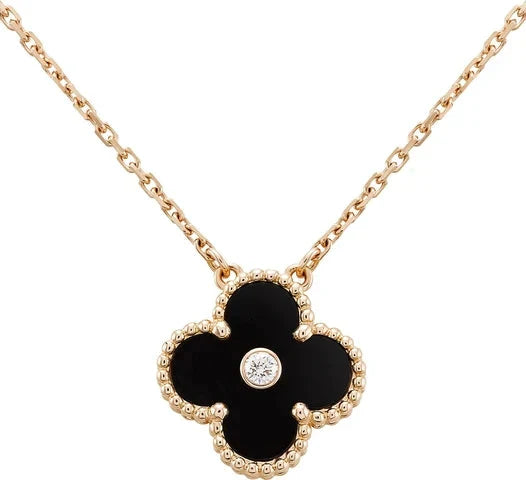 [BLAUE TRÄNEN]CLOVER 15MM DIAMANT-ONYX-HALSKETTE