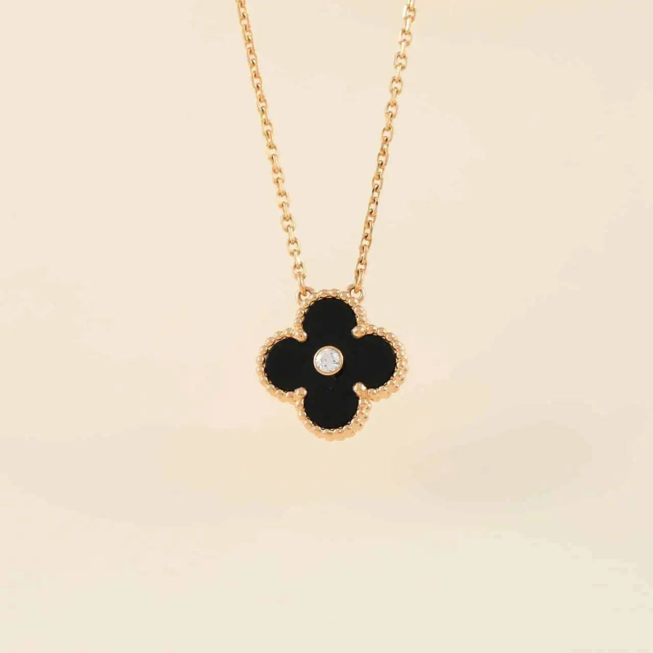 [BLAUE TRÄNEN]CLOVER 15MM DIAMANT-ONYX-HALSKETTE