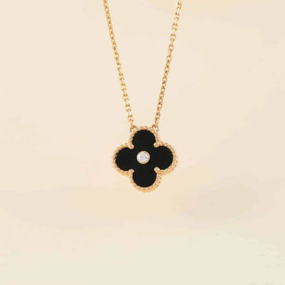 [BLAUE TRÄNEN]CLOVER 15MM DIAMANT-ONYX-HALSKETTE