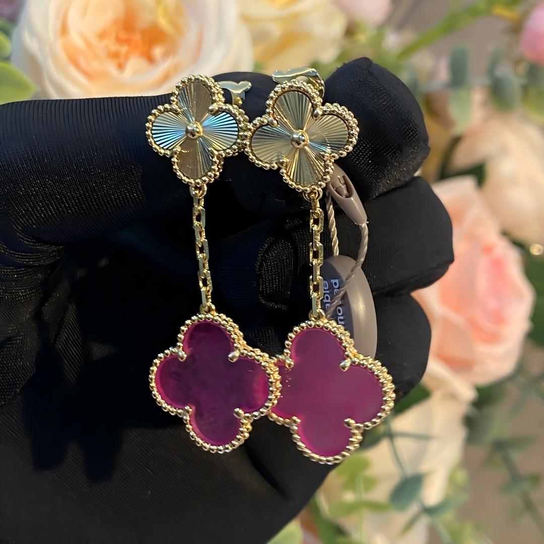 [Blue Tears Jewelry]NEW CLOVER 2 MOTIF PINK ENAMEL EARRINGS