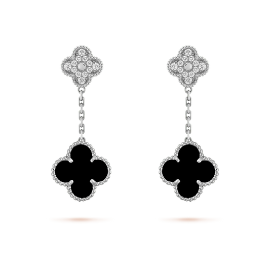[BLUE TEARS]CLOVER 2 MOTIFS  DIAMOND ONYX EARRINGS SILVER
