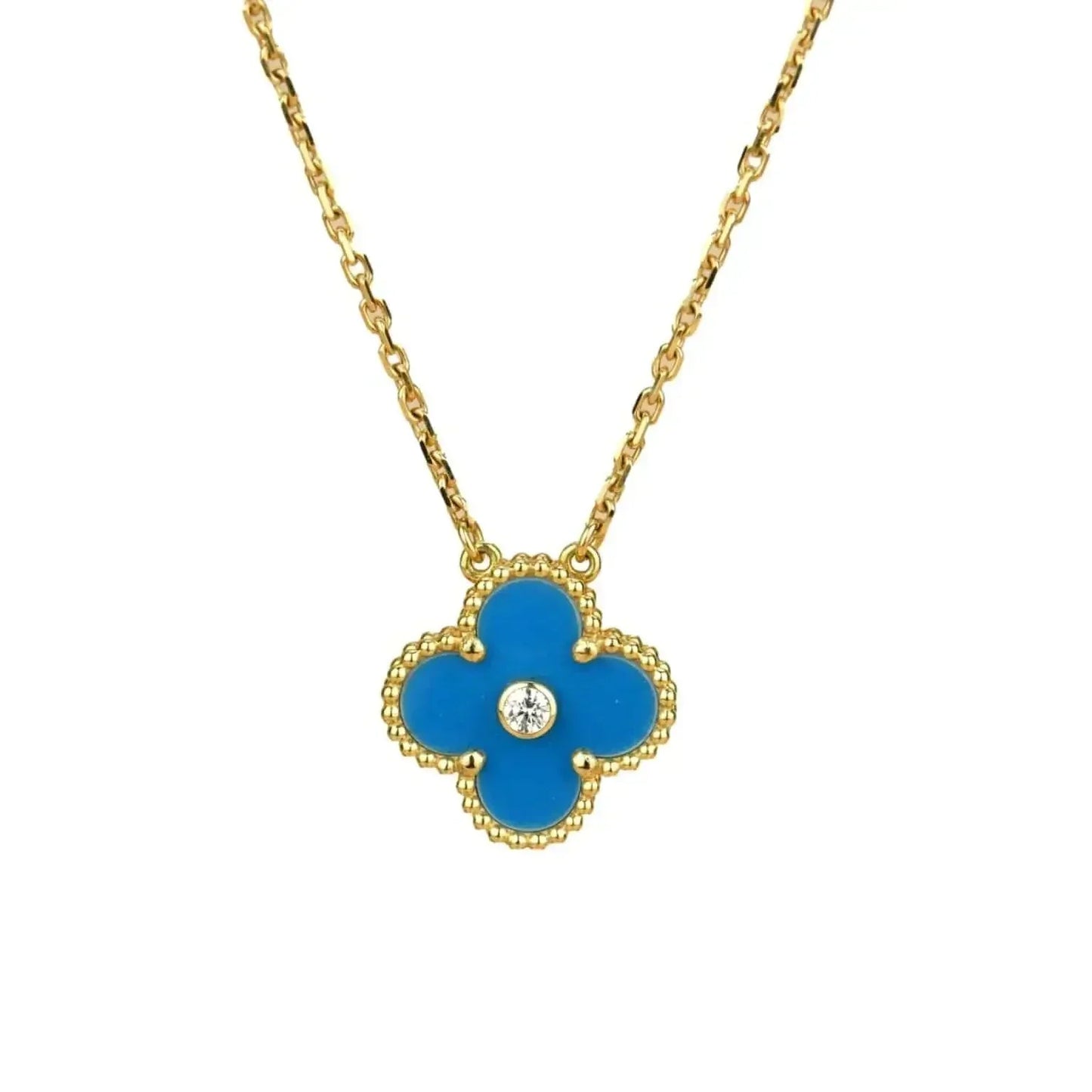 [BLAUE TRÄNEN]CLOVER 15MM DIAMANT- UND BLAUER ACHAT-HALSKETTE