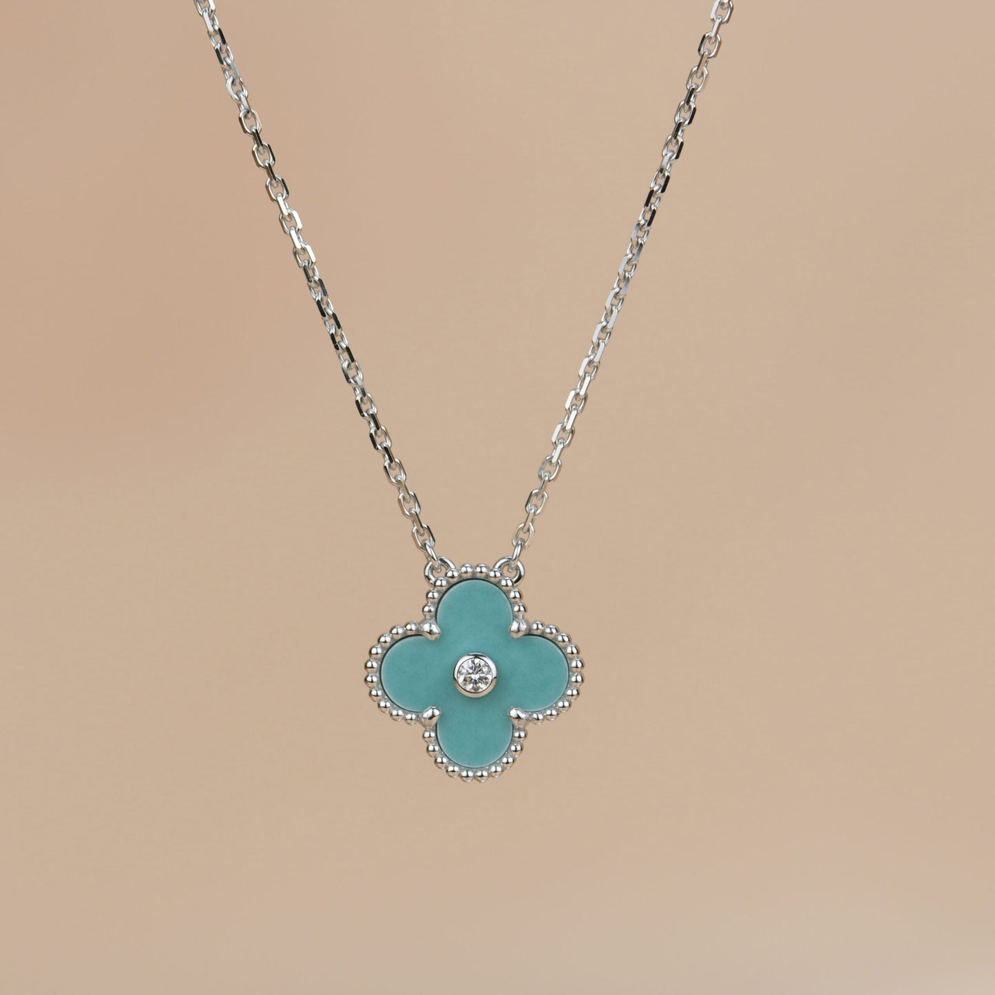 [BLAUE TRÄNEN]CLOVER 15MM DIAMANT SVRES PORZELLAN HALSKETTE SILBER