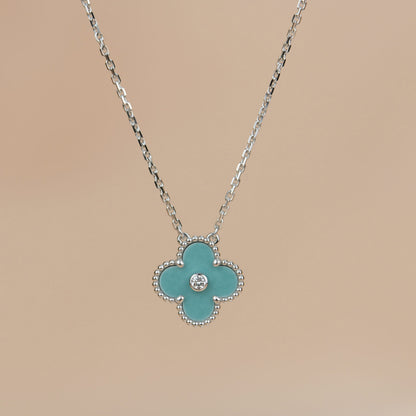 [BLAUE TRÄNEN]CLOVER 15MM DIAMANT SVRES PORZELLAN HALSKETTE SILBER