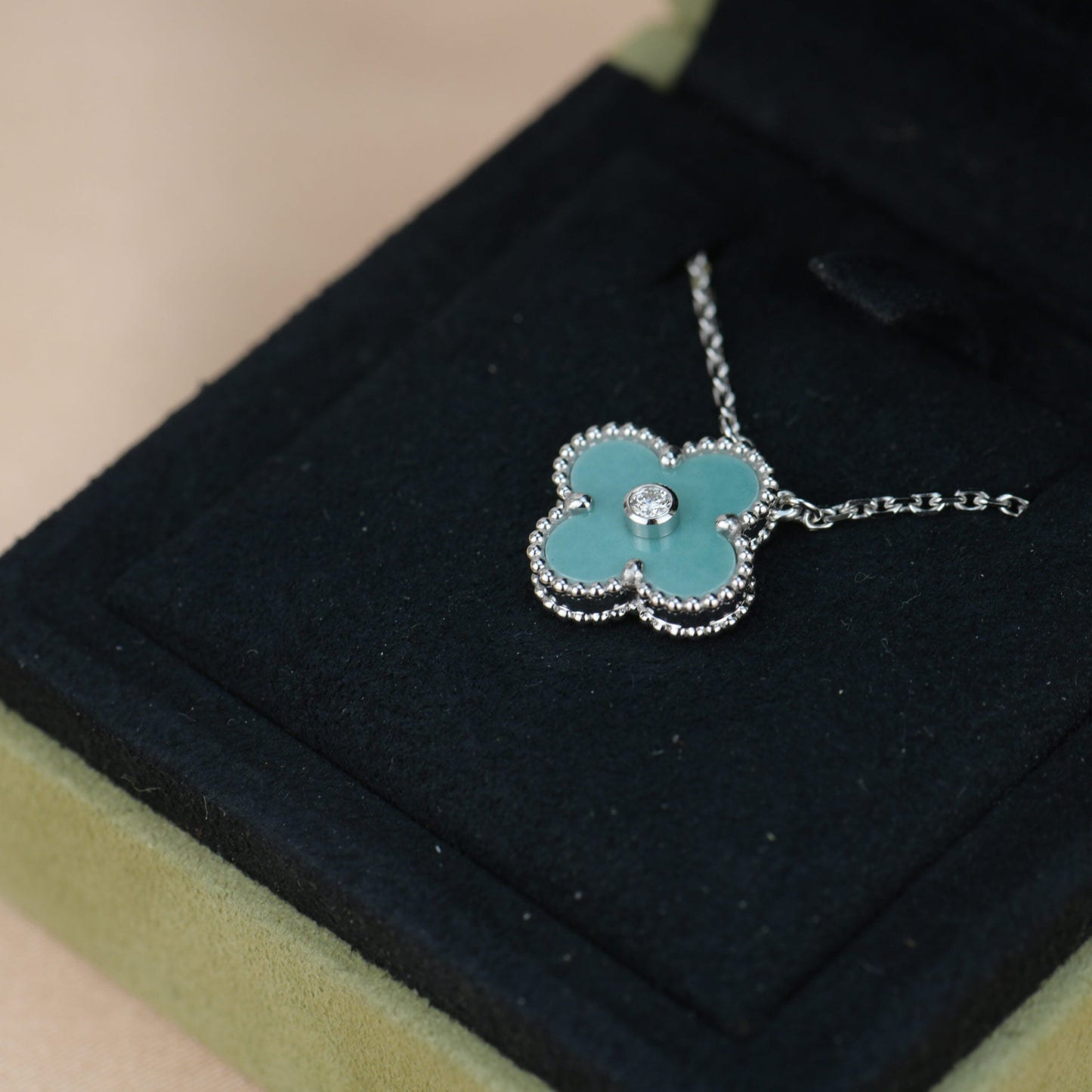 [BLAUE TRÄNEN]CLOVER 15MM DIAMANT SVRES PORZELLAN HALSKETTE SILBER