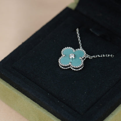 [BLAUE TRÄNEN]CLOVER 15MM DIAMANT SVRES PORZELLAN HALSKETTE SILBER