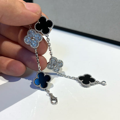 [BLUE TEARS]CLOVER 5 MOTIF ONYXS DIAMOND BRACELET SILVER