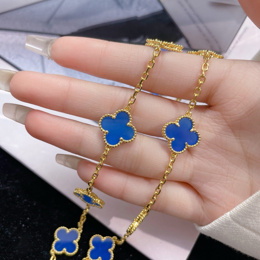 [BLAUE TRÄNEN]CLOVER 10 MOTIVE BLAUER ACHAT HALSKETTE