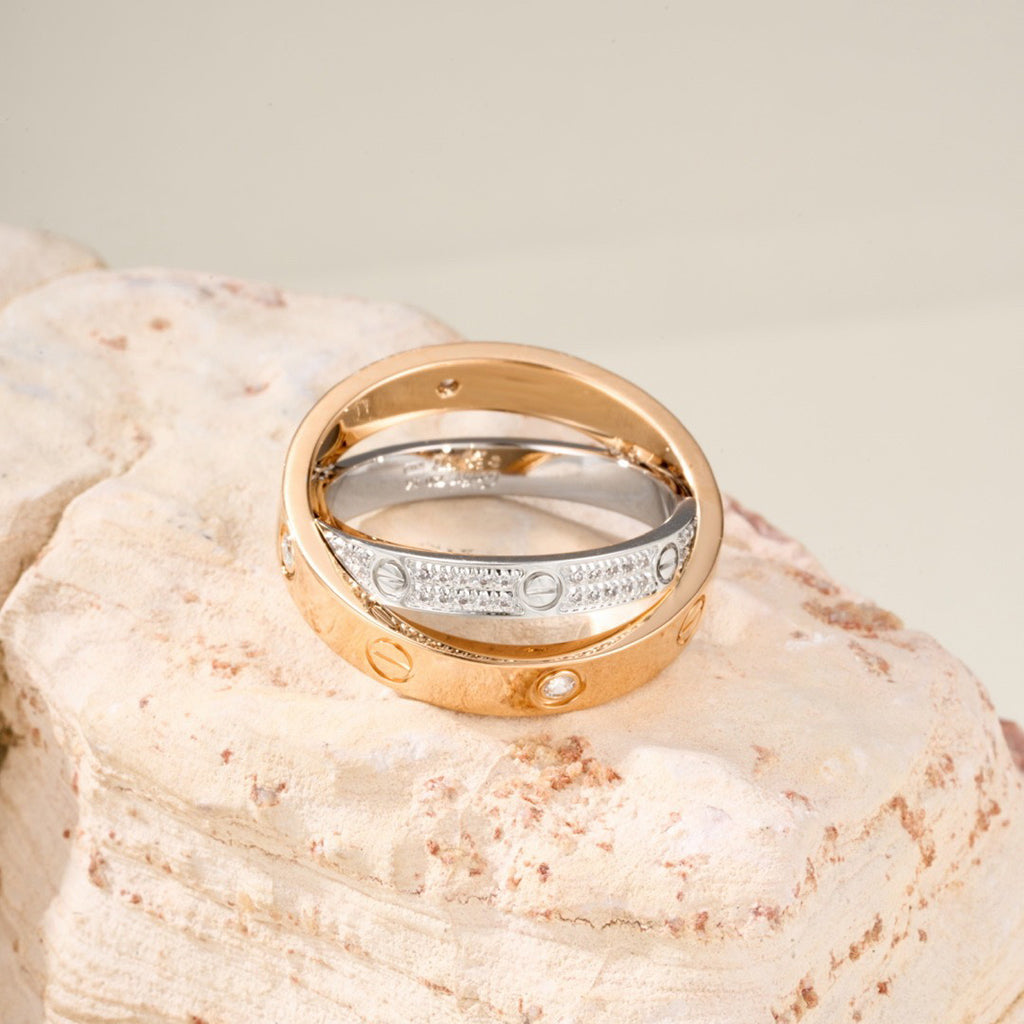 [Blue Tears Jewelry]LOVE PINK GOLD SILVER DIAMOND DOUBLE RING