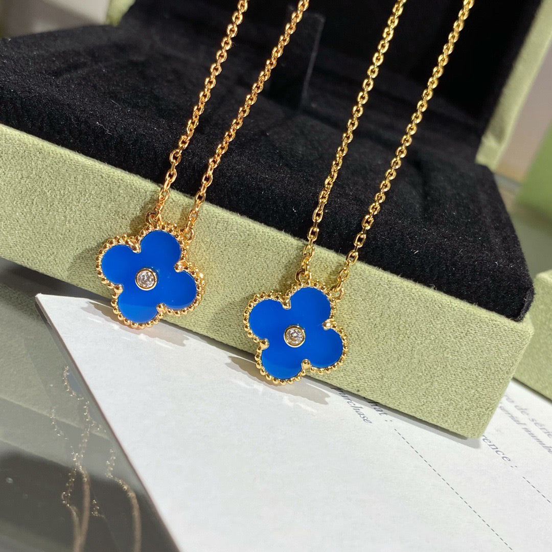 [BLAUE TRÄNEN]CLOVER 15MM DIAMANT- UND BLAUER ACHAT-HALSKETTE