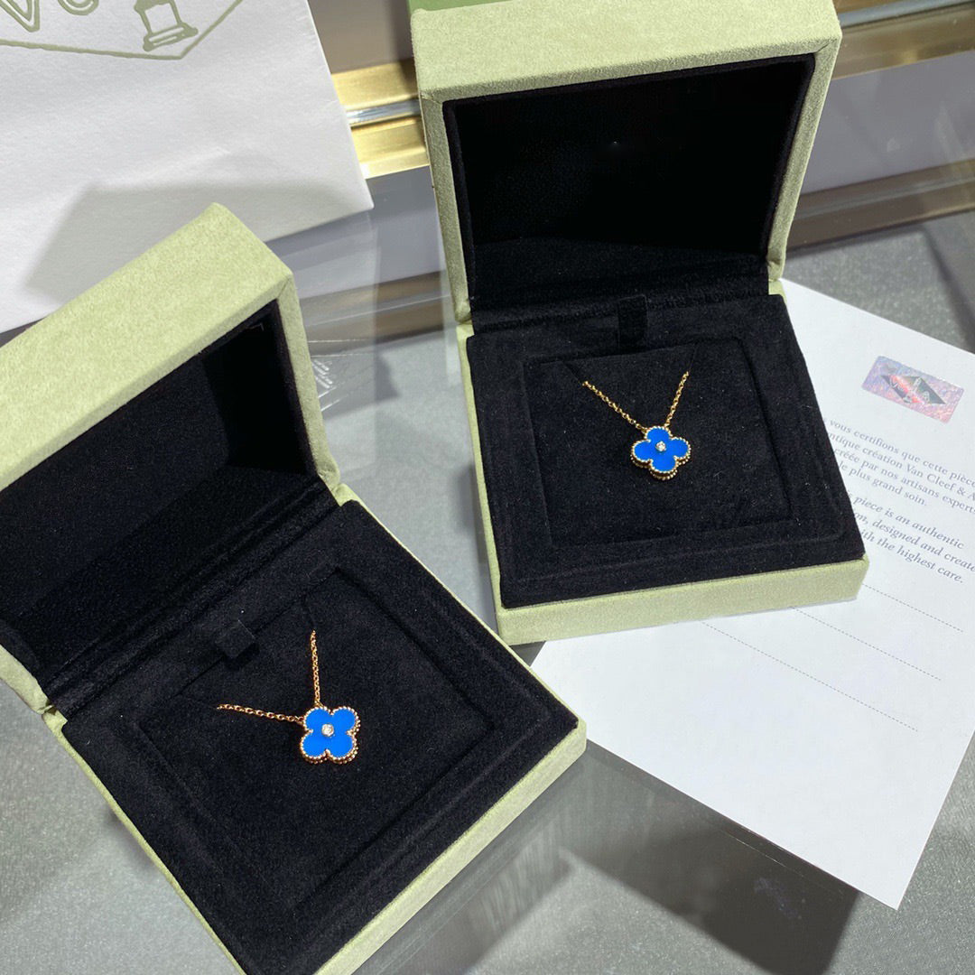 [BLAUE TRÄNEN]CLOVER 15MM DIAMANT- UND BLAUER ACHAT-HALSKETTE