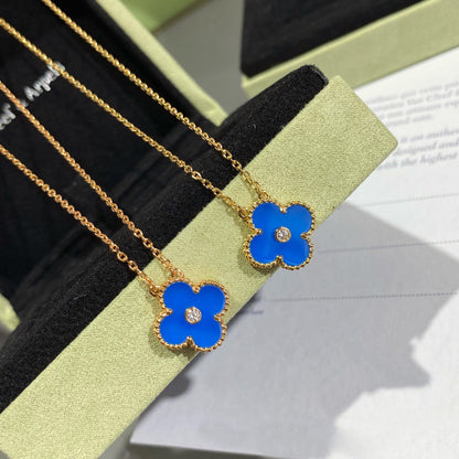 [BLAUE TRÄNEN]CLOVER 15MM DIAMANT- UND BLAUER ACHAT-HALSKETTE