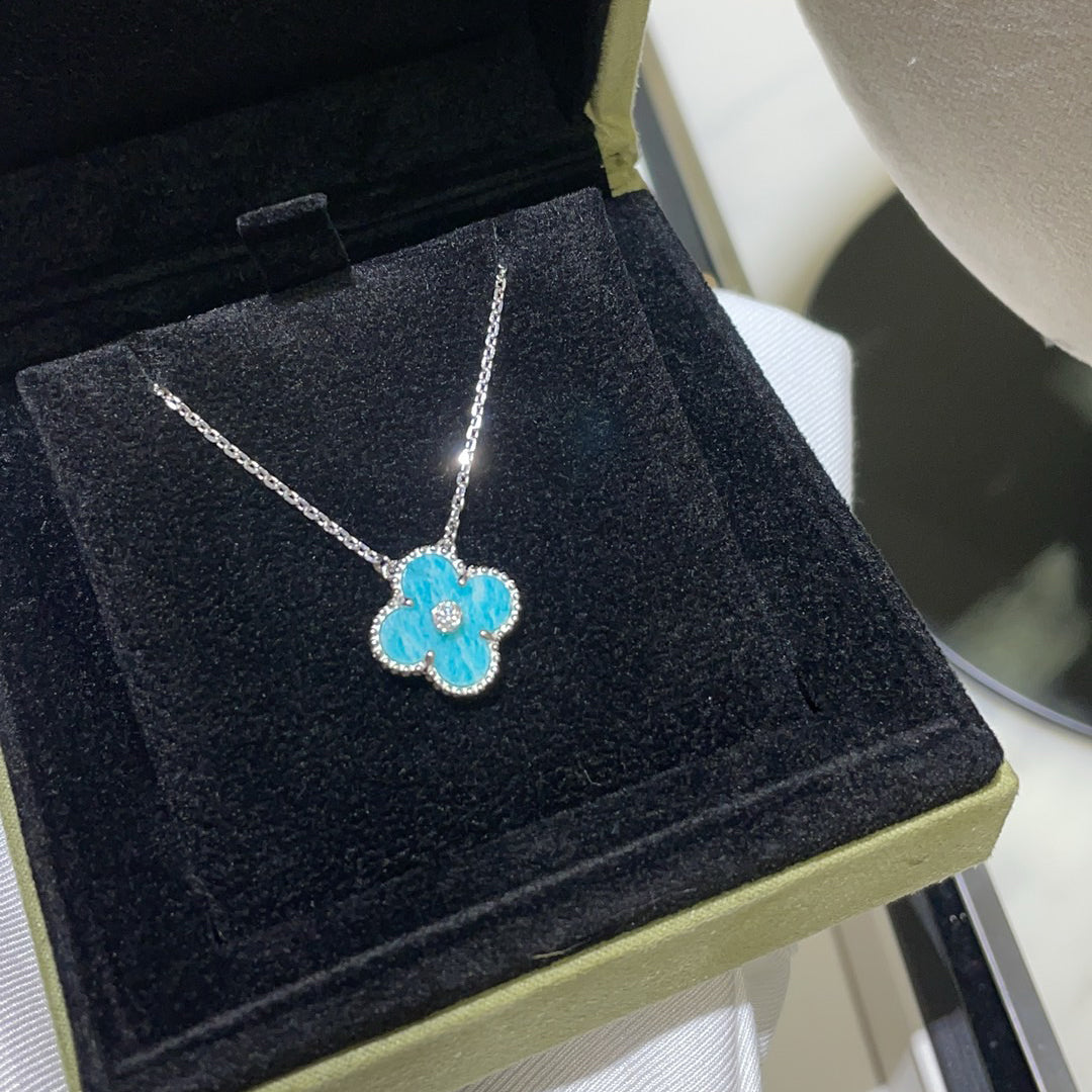 [BLAUE TRÄNEN]CLOVER 15MM DIAMANT SVRES PORZELLAN HALSKETTE SILBER