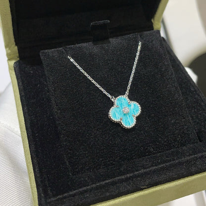 [BLAUE TRÄNEN]CLOVER 15MM DIAMANT SVRES PORZELLAN HALSKETTE SILBER