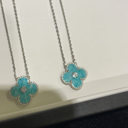 [BLAUE TRÄNEN]CLOVER 15MM DIAMANT SVRES PORZELLAN HALSKETTE SILBER