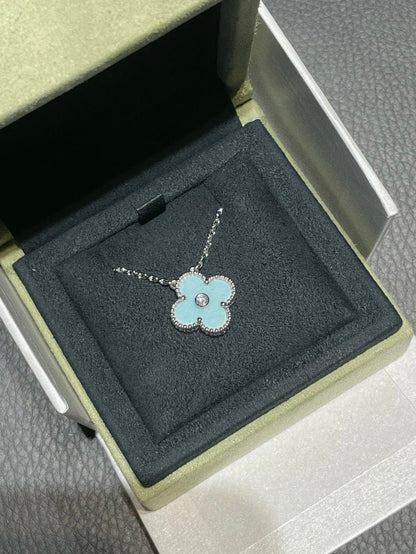 [BLAUE TRÄNEN]CLOVER 1 DIAMANT HELLBLAU SILBER HALSKETTE