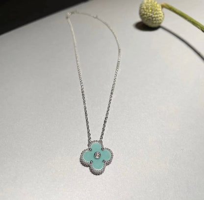 [BLAUE TRÄNEN]CLOVER 1 DIAMANT HELLBLAU SILBER HALSKETTE