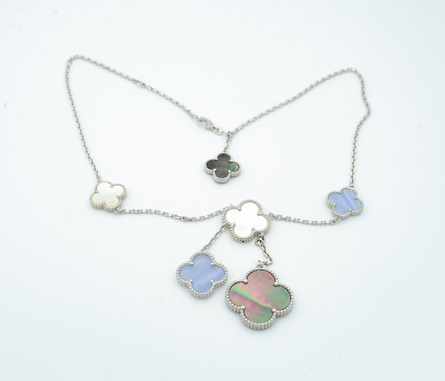 [BLAUE TRÄNEN]CLOVER MOP CHALCEDON HALSKETTE SILBER 6 MOTIV 