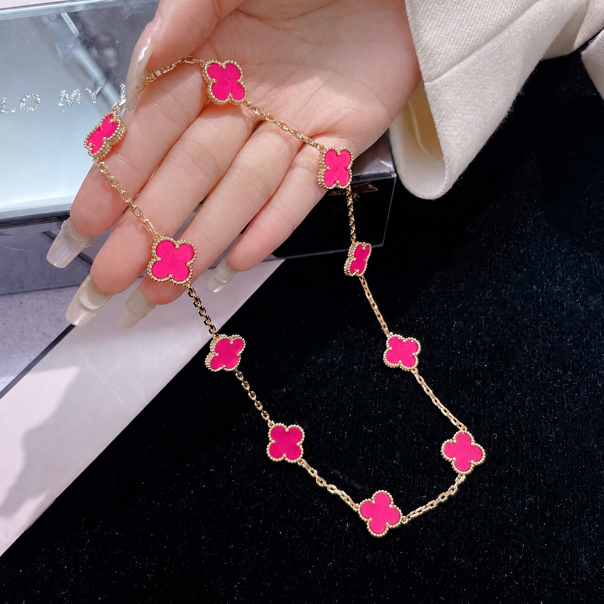 [Blue Tears Jewelry]NEW CLOVER 10 MOTIFS PINK ENAMEL NECKLACE