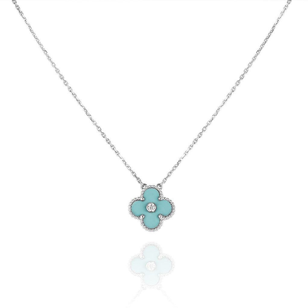 [BLAUE TRÄNEN]CLOVER 1 DIAMANT HELLBLAU SILBER HALSKETTE