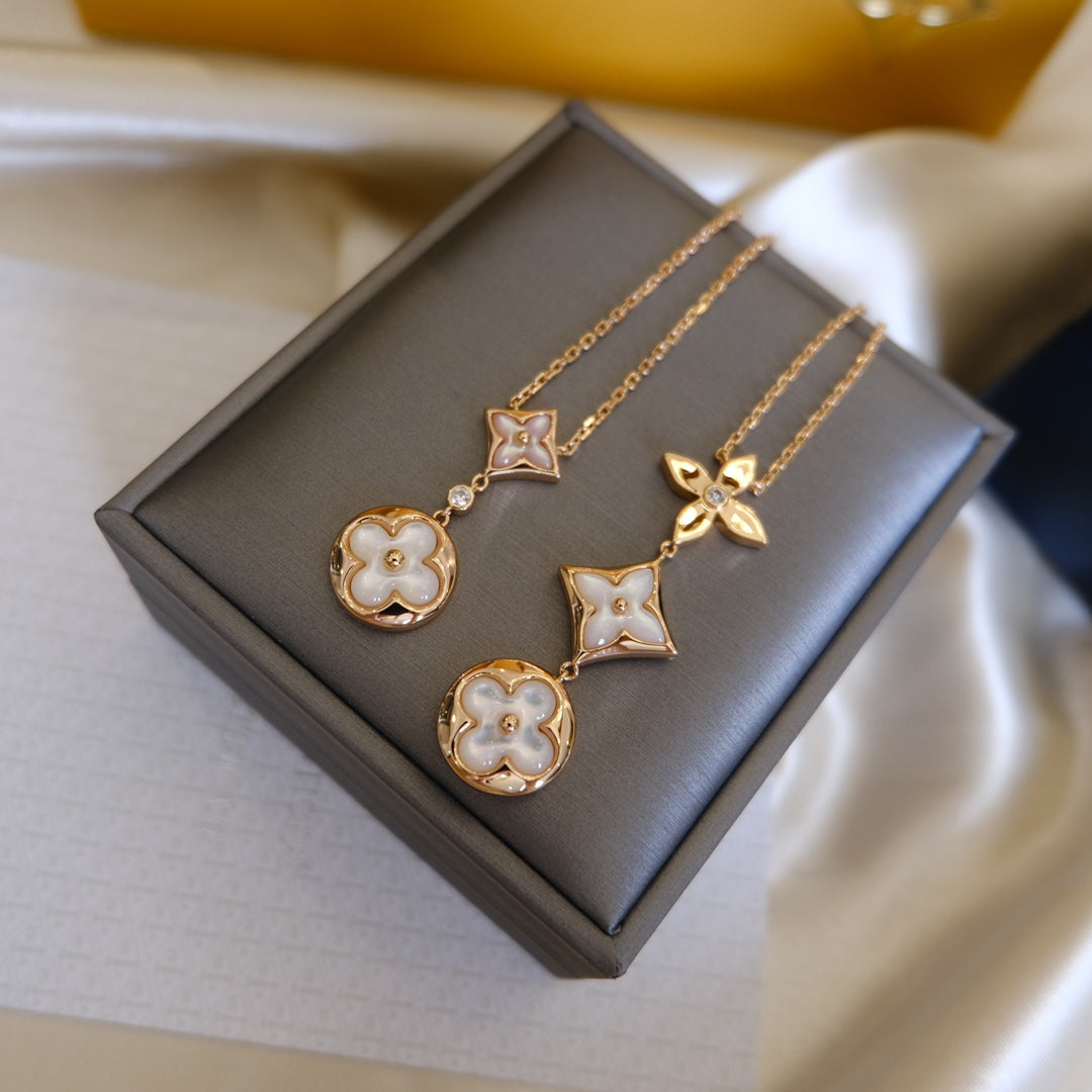 [Blaue Tränen]Farbe Blüte Lasso Halskette Roségold weiß Perlmutt und Diamant